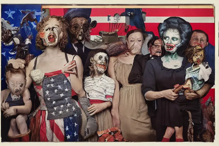 Prompt: full color american nightmare, joel peter witkin photo of 1 9 5 0 s suburban family, capitalist propaganda meets body horror, patriotic nihilism, annie liebovitz, bosch, disney, gustave dore, pixar