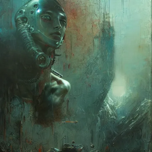 Image similar to a cyborg, dreaming of a better world, by gustave dore and gustave moreau and beksinski and giger and craig mullins and jeremy mann