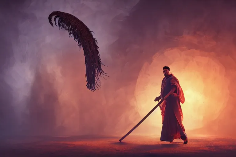 Image similar to theatre stage, romanian man in traditional romanian clothing with scythe, traditional romanian clothing, concept art, dramatic lighting, beautiful, volumetric lighting, colorful, octane render