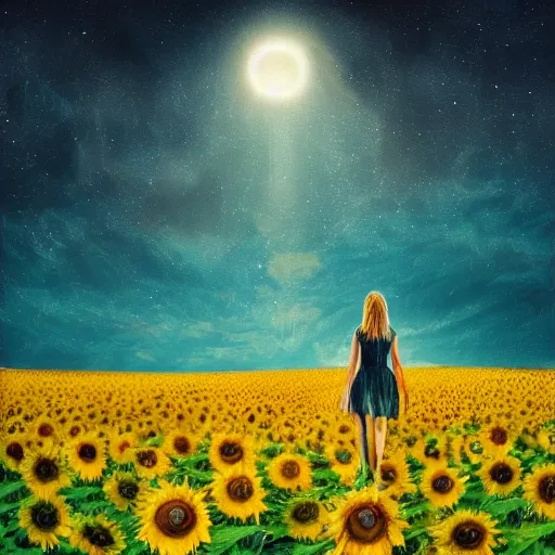 Image similar to huge sunflower head, girl walking in wheat field, hills, surreal photography, dark night, star trails, dramatic light, impressionist painting, clouds, digital painting, artstation, simon stalenhag