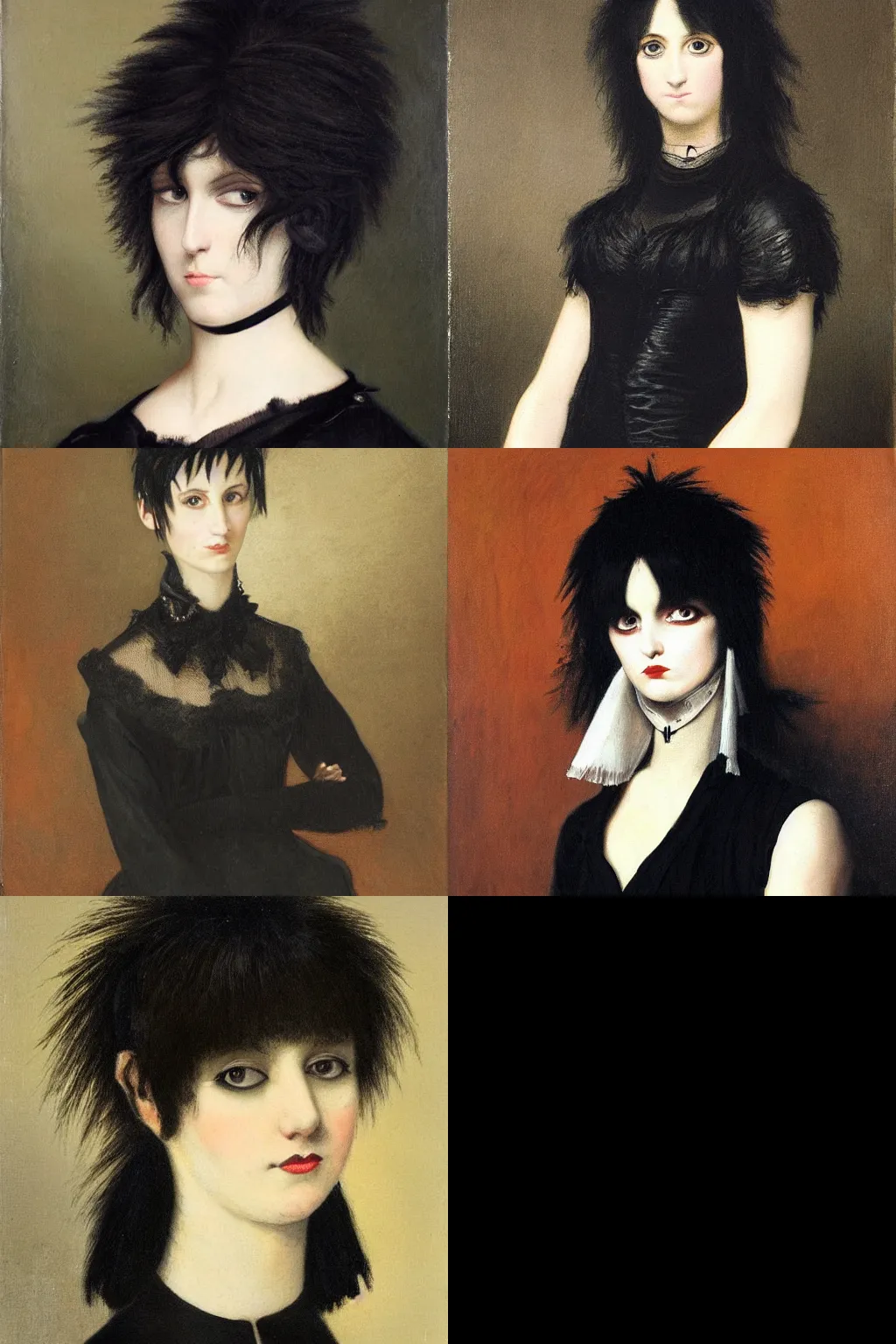 Prompt: a goth portrait painted by jacques - laurent agasse. her hair is dark brown and cut into a short, messy pixie cut. she has a slightly rounded face, with a pointed chin, large entirely - black eyes, and a small nose. she is wearing a black tank top, a black leather jacket, a black knee - length skirt, and a black choker.