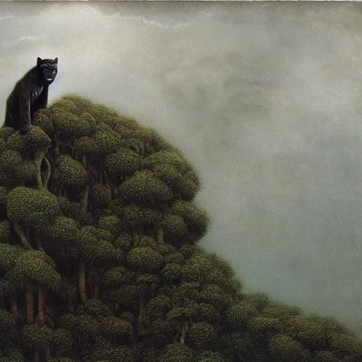 Prompt: a panther on a tree in a jungle full of exotic poisonous plants, ominous cloudy sky, high detail, painted by beksinski