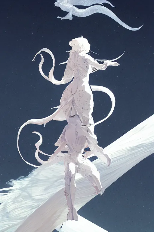 Image similar to vanishing point, white hair eva riding on the white dragon's neck ready to fight, by victo ngai and makoto shinkai, partner, global illumination, radiant light, minimalist, unreal engine 5, concept art ，, digital painting, artstation, smooth, sharp foccus, artstation hq