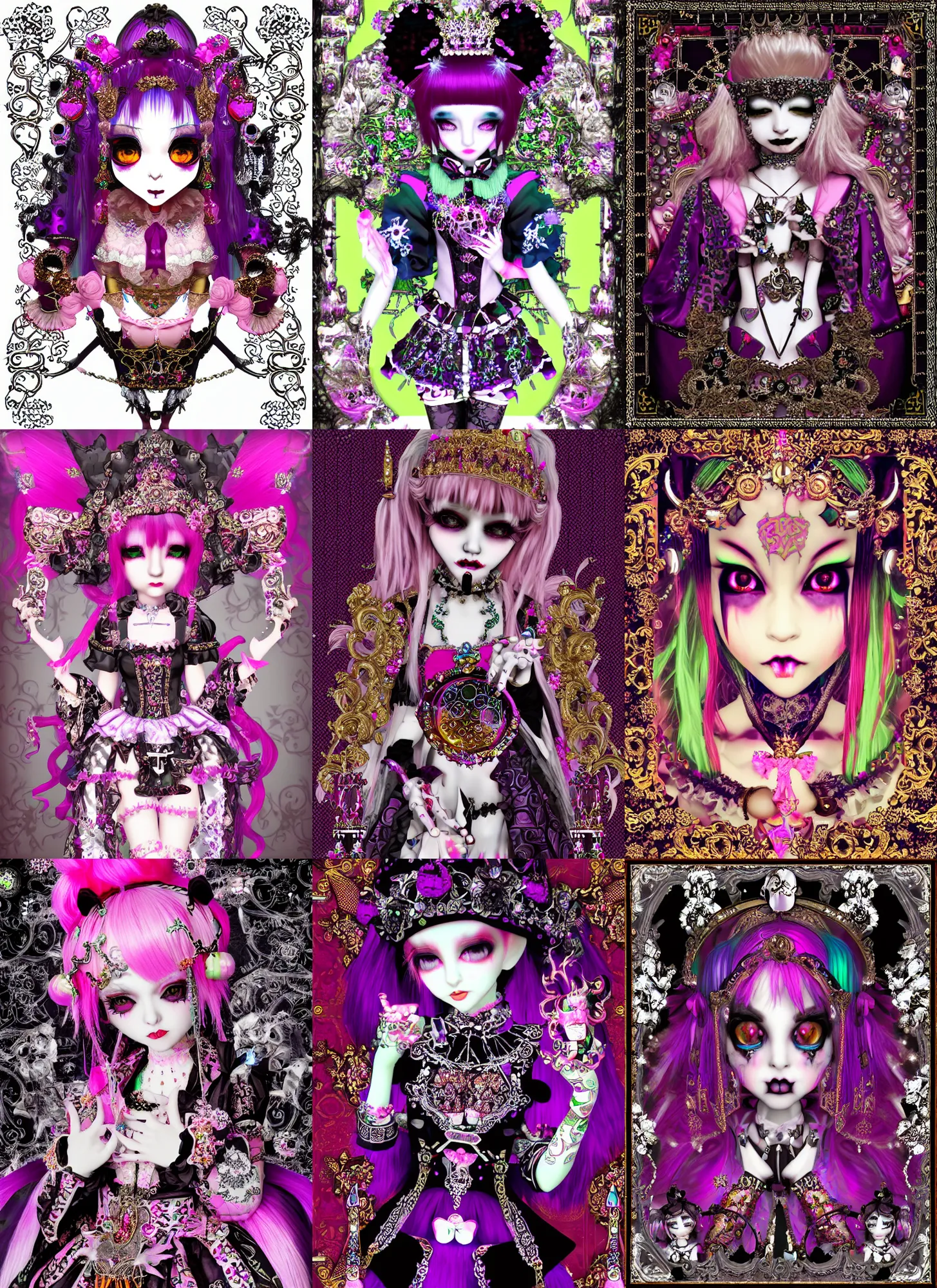 Prompt: baroque bedazzled gothic royalty frames surrounding a pixelsort emo demonic horrorcore japanese beautiful jester decora doll, sharpened early computer graphics, remastered chromatic aberration