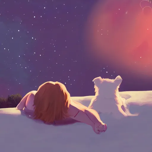 Image similar to a kid and a dog staring at the stars, digital art, artstation, 4k