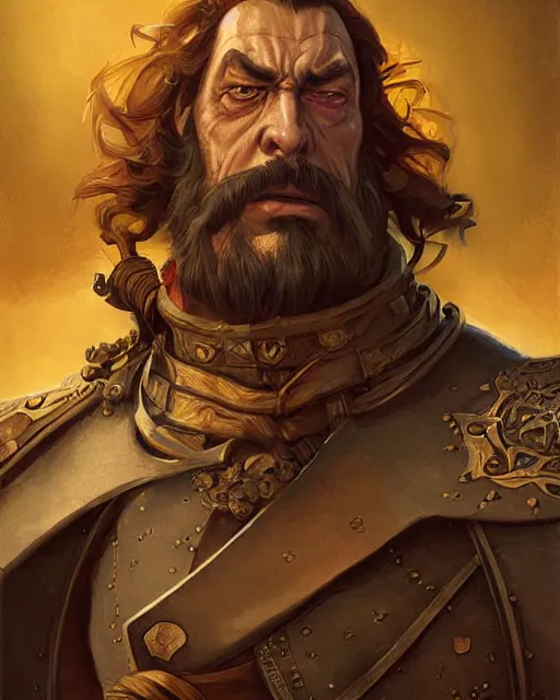 Image similar to digital painting of an angry hernan cortes by filipe pagliuso and justin gerard, symmetric, detailed, intricate, portrait, digital painting, sharp focus, tarot card, handsome, concept art, alluring