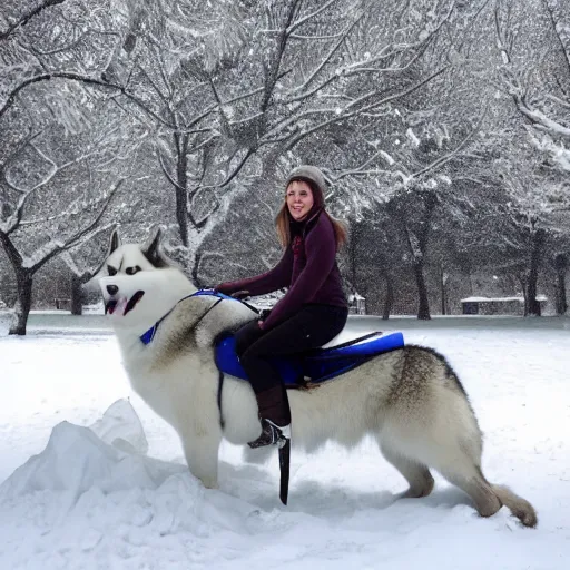 Image similar to girl riding a giant husky in a snowy park