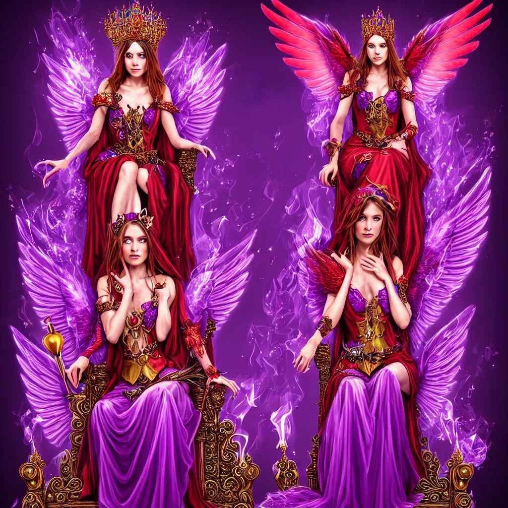 Image similar to Princess sorceress with red flaming bird wings on her back and sitting on an ornate throne dressed in a fancy purple dress, beautiful realistic face, Fantasy, Full Portrait, High detail, realistic, planeswalker