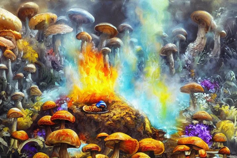 Image similar to highly detailed oil painting of a mushroom lizard in a steaming colorful hotspring, featured on artstation