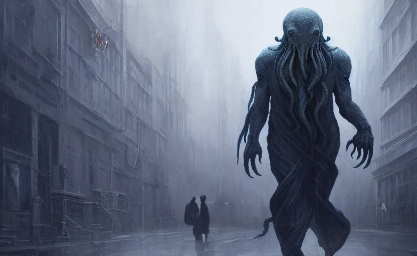 Prompt: cthulhu, on a dark city street, soft grey and blue natural light, intricate, digital painting, artstation, concept art, smooth, sharp focus, illustration, art by greg rutkowski and luis rollo and uang guangjian and gil elvgren, symmetry!