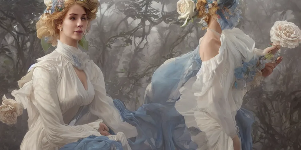 Image similar to lady dressed in a vaporous wrapped large victorian cream roses silk semi-transparent blue and cream dress fashion is running D&D, fantasy, intricate, elegant, highly detailed, digital painting, artstation, concept art, matte, sharp focus, illustration, art by Artgerm and Greg Rutkowski and Alphonse Mucha