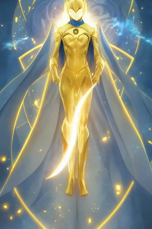 Image similar to anime key visual of a beautiful young female doctor fate!! intricate, cape, glowing, powers, dc comics, cinematic, stunning, highly detailed, digital painting, artstation, smooth, hard focus, illustration, art by artgerm and greg rutkowski and alphonse mucha