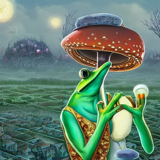 Prompt: A centered chest up portrait of a psychedelic godlike anthropomorphic frog smoking a hand-rolled cigarette smoking heavily , magic mushroom village in background . award winning. superb resolution. in the art style of junji Ito and greg rutkowski . Detailed Mushroom city in background. Hyper realistic anime. Perfect art. Dalle2