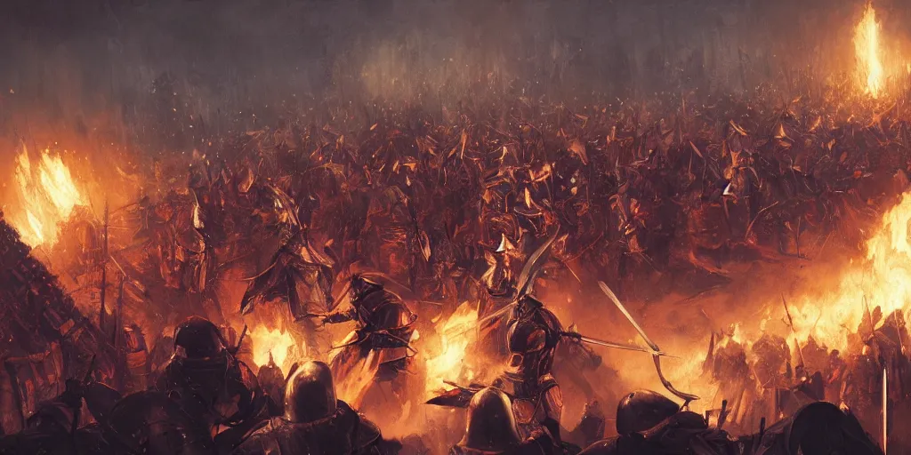 Image similar to a painting of a medieval knights fighting with swords at midnight surrounded by a medieval battle with fire by greg rutkowski, dark fantasy art, high detail, trending on artstation