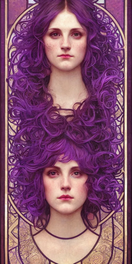 Image similar to purple, character portrait of purple energy, by waterhouse, by mucha, lean face, symmetrical face, face symmetry, cinematic lighting, beautiful, elegant, oil painting, cinematic, portrait, raphaelite, trending on artstation, intricate background