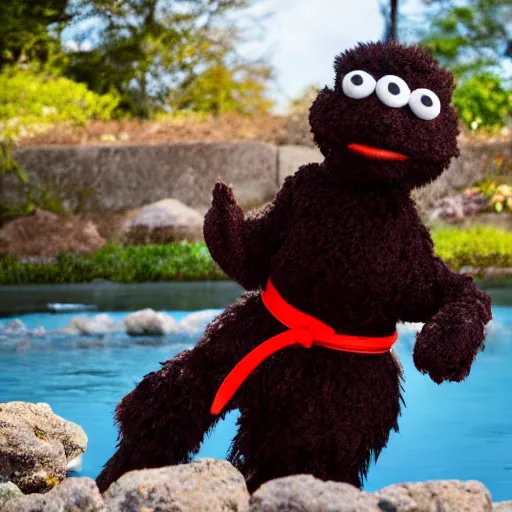 Image similar to a fluffy chocolate brown karate loving muppet bunny wearing cool black ninja clothes with a red belt and practicing her karate out in nature by a koi pond, photorealistic, photography, ambient occlusion, rtx, national geographic, sesame street