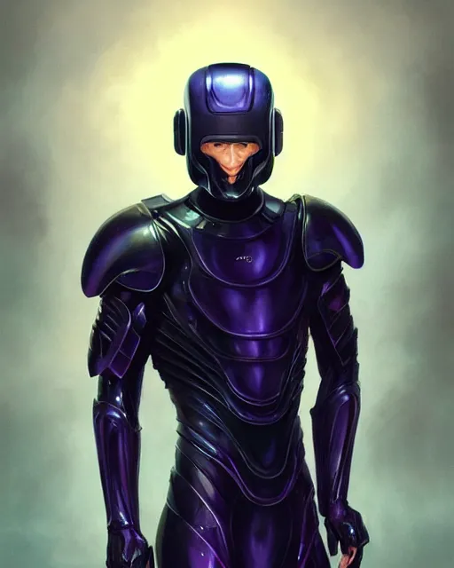 Image similar to character concept of iridescent sinewy smooth muscular male sleek glossy indigo black pearlescent scifi armor with smooth black onyx featureless helmet, by greg rutkowski, mark brookes, jim burns, tom bagshaw, magali villeneuve, trending on artstation