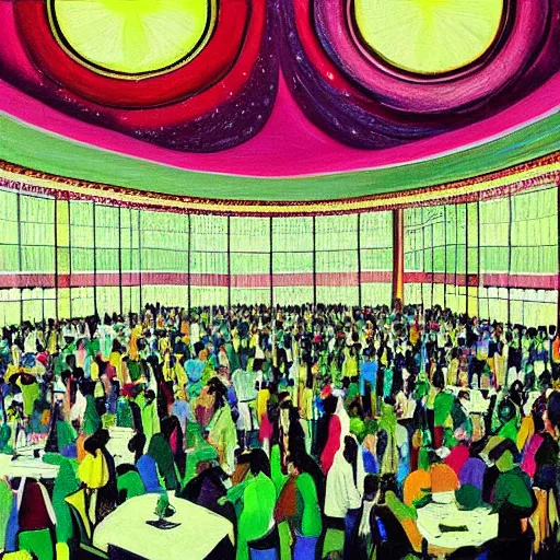 Image similar to A beautiful painting of a large room with many people in it. There is a lot of activity going on, with people talking and moving around. The room is ornately decorated and there is a large window at one end. cyber noir, lime green by Taiyō Matsumoto AWESOME, elegant