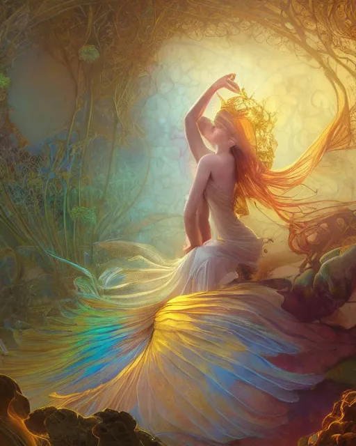 Image similar to a beautiful fairy in a morning dreamland, coherent design, symmetry, concept art, trending on artstation vivid color, complementary color, golden ratio, detailed, sharp lines, intricate, rainbowshift, by james gurney, by brian froud, by peter mohrbacher, by alphonse mucha, by maxfield parrish, by karol bak, deviantart, octane render