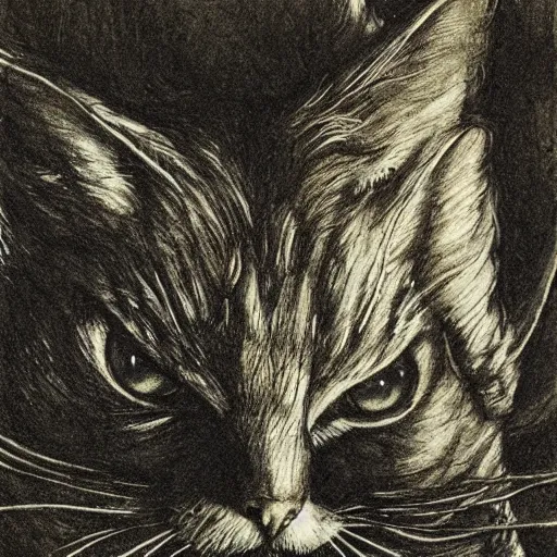 Prompt: cat from the void, illustrations by irish fairy tales james stephens arthur rackham, cat detailed, muzzle of a cat, fairy tale illustrations, colour, top cinematic lighting , cinematic mood, very detailed, shot in canon,