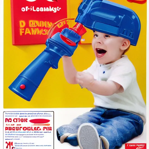 Image similar to fisher price flamethrower, now in stores, promotional ad