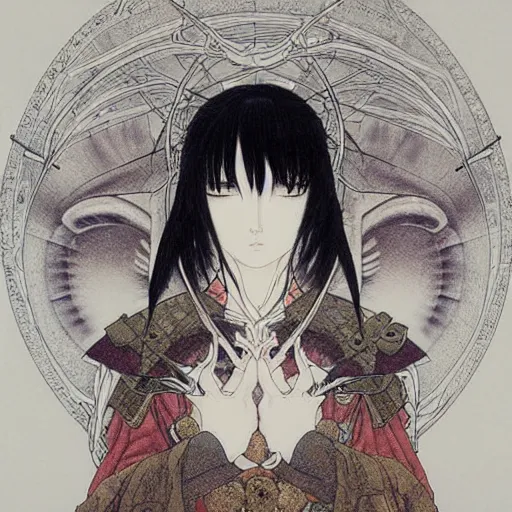 Image similar to prompt: Fragile looking vessel portrait soft light drawn by Takato Yamamoto, inspired by Fables, weapons around the face, ancient dark chrome knight armor, magical and alchemical objects on the side, soft light, white background, intricate detail, intricate oil painting detail, sharp high detail, manga and anime 2000