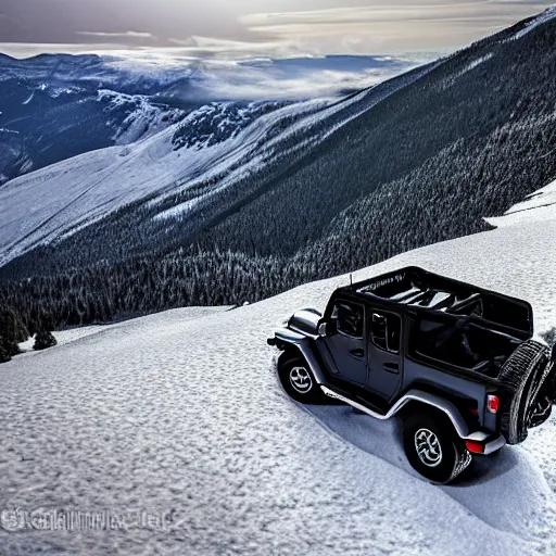 Image similar to white jeep wrangler driving up steep snowy mountain ridge on edge of a cornice, high quality digital art, dramatic lighting, cinematic, photo realism