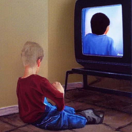 Image similar to a boy playing a video game on a wood panel CRT tv 1985 late at night oil on canvas