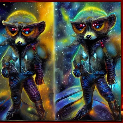 Image similar to a mutant racoon space captain, hdr, artistic, brushstrokes, impressionist, elegant, d&d, fantasy