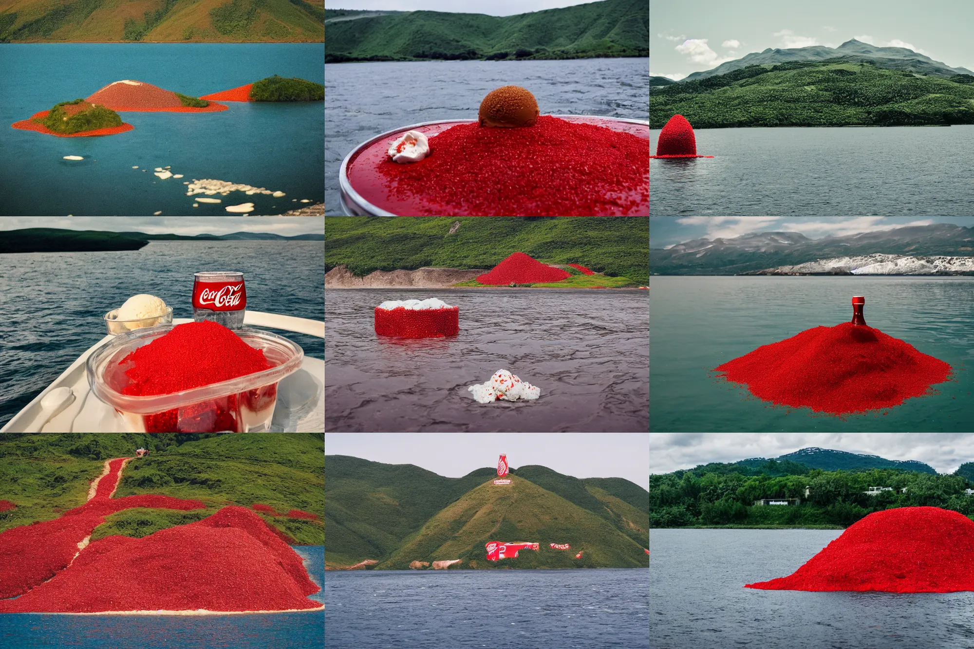 Image similar to an island made of food, water from coca - cola around the island, red caviar instead of sand, hills with ice cream instead of mountains, photo taken from a boat, 3 5 mm, cinematic