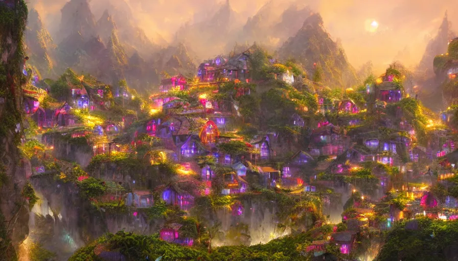 Prompt: village built in flowery mountains, glow lights at night, hyperdetailed, artstation, cgsociety, 8 k