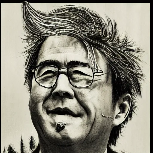 Image similar to Yoshitaka Amano realistic illustration of jeb bush ,hair fluttering in the wind, cracks on his face wearing Elden ring armour with engraving, abstract black and white patterns on the background, noisy film grain effect, highly detailed, Renaissance oil painting, weird portrait angle, blurred lost edges, three quarter view