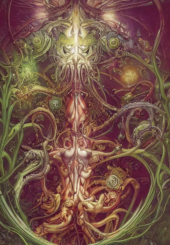 Image similar to simplicity, elegant, colorful glowing muscular cybernetic eldritch, flowers, bodies, radiating, mandala, psychedelic, shadows, by h. r. giger and esao andrews and maria sibylla merian eugene delacroix, gustave dore, thomas moran, pop art, giger's biomechanical xenomorph, art nouveau