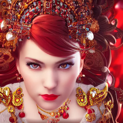 Image similar to wonderful princess with smooth fair skin, alluring eyes, red jewelry, breathtaking, elegant, intricate, ornate backdrop, hyper detailed, accent lighting, 4 k glamour photography, octane render