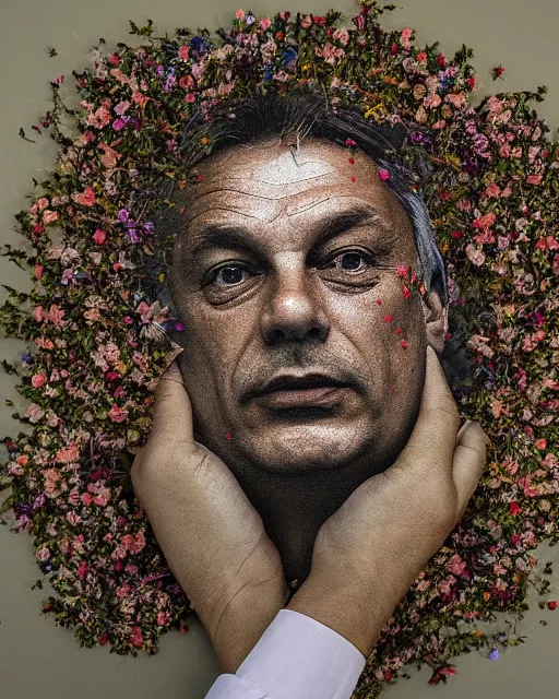 Prompt: viktor orban's face, made of wildflowers, in the style of the dutch masters and gregory crewdson, dark and moody