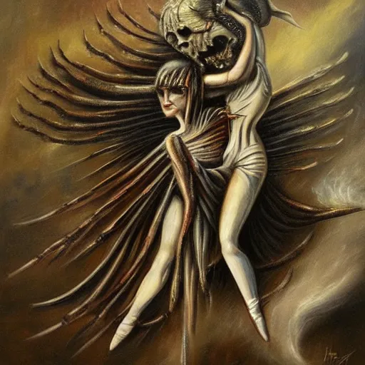 Prompt: a stunning oil painting of a ballerina angel spearing a ballerina demon in an epic battle by h. r. giger