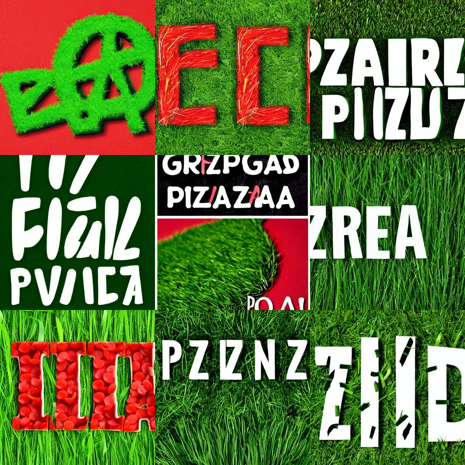 Prompt: text font made out of grass spells the word pizza on a red background. word - pizza - made - out - of - grass