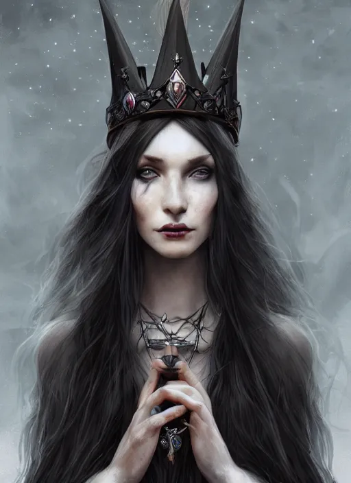 Image similar to mysterious dark and beautiful witch with long hair and a crown, fantasy, medieval, vivid colors, fantasy, elegant, concept art, sharp focus, beautiful face!!, digital art, Hyper-realistic, 4K, Unreal Engine, Highly Detailed, HD, Dramatic Lighting by Brom, trending on Artstation