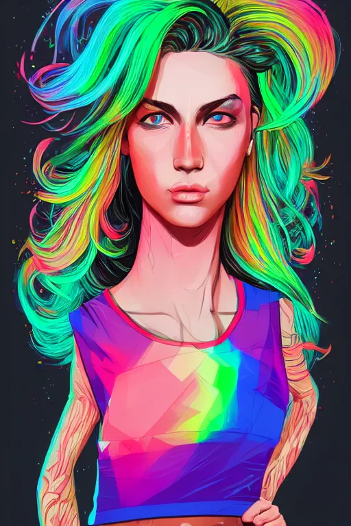 Image similar to a award winning half body portrait of a beautiful woman with stunning eyes in a printed croptop and cargo pants with rainbow colored ombre hairstyle head in motion and hair flying by josan gonzales, outrun, vaporware, shaded flat illustration, digital art, trending on artstation, highly detailed, fine detail, intricate