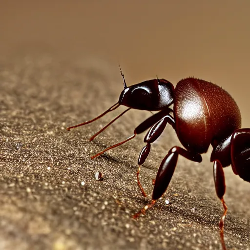 Prompt: A close-up shot of an ant trying to move a pebble uphill