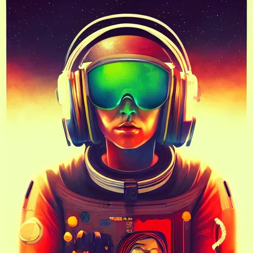 Image similar to a poster design of a solo cyberpunk cosmonaut wearing headphones in space, universe, cyberpunk, warm color, Highly detailed labeled, poster, peter mohrbacher, featured on Artstation