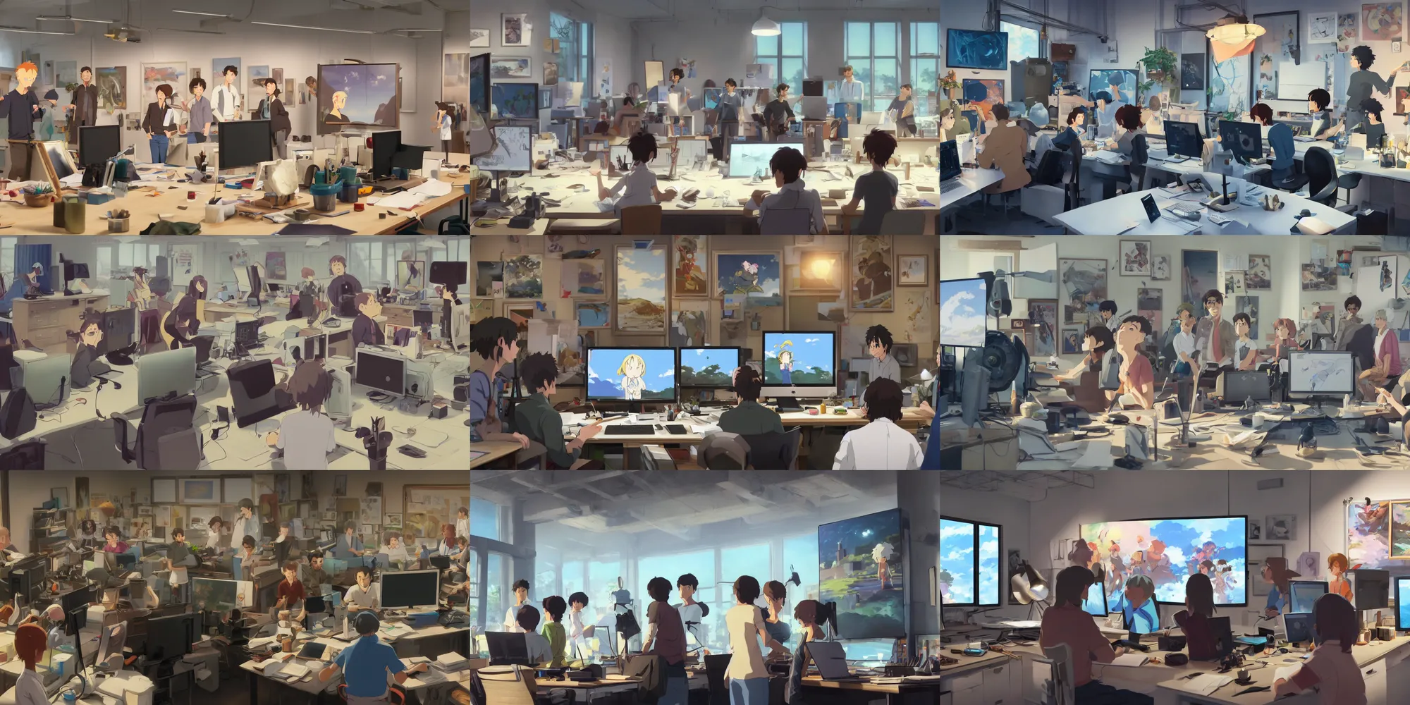 Prompt: a wholesome animation key shot of goup of artists gathered to look at one monitor on the office, medium shot, waist up, studio ghibli, pixar and disney animation, sharp, rendered in unreal engine 5, anime key art by greg rutkowski, bloom, dramatic lighting