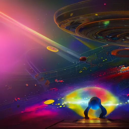 Image similar to astronaut maestro directing a large symphony creating beautiful music of color and happiness, synthesthesia, digital painting, trending on artstation, unreal engine 5, CG society, hypermaximalist, golden ratio