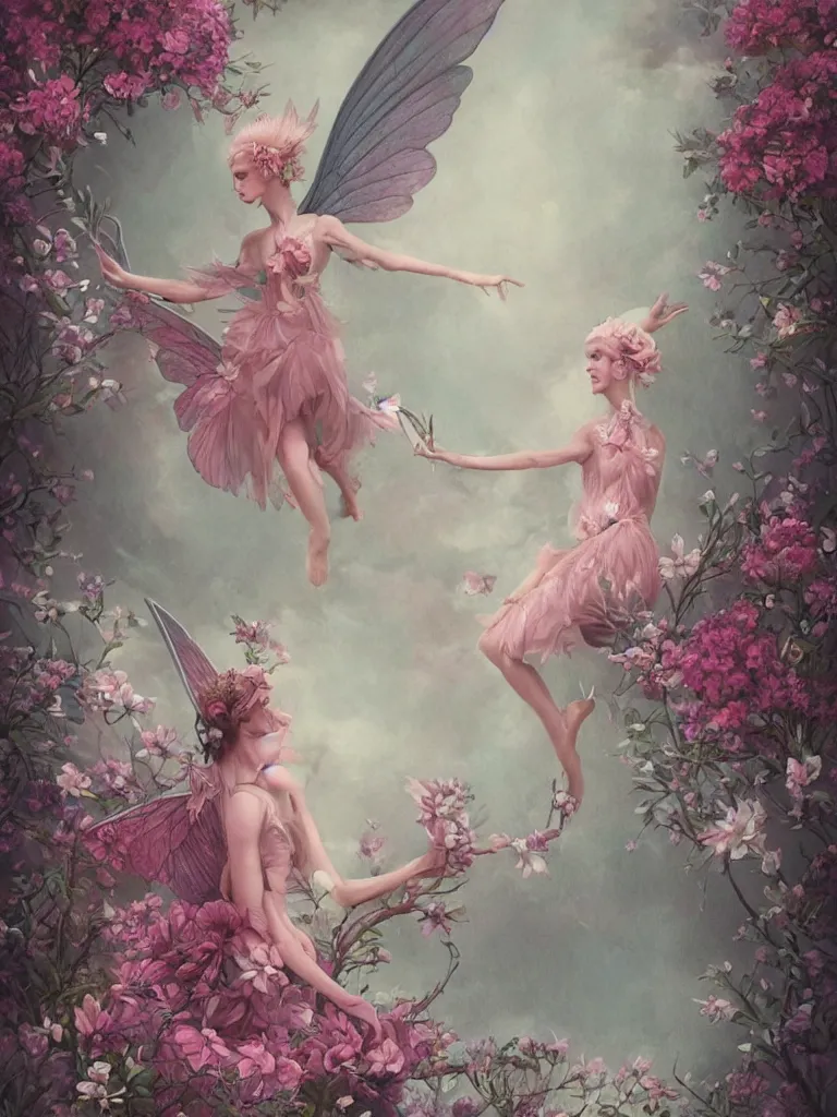 Prompt: symmetry!! one pink fairy with large wings exploring her lonely flower garden by herself in the style of tom bagshaw, extremely detailed, muted colors