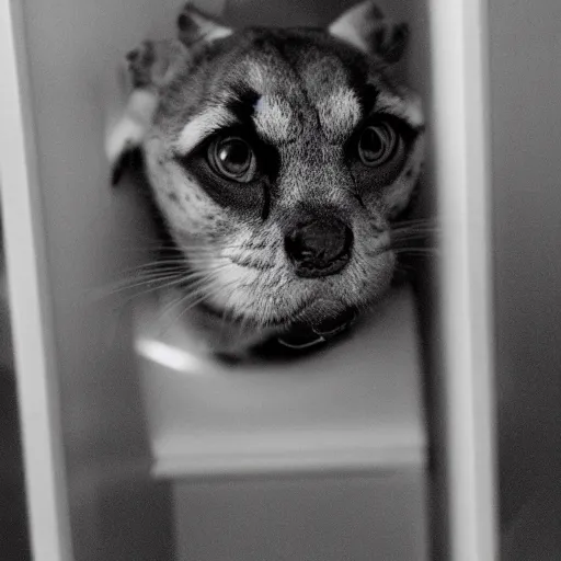 Prompt: photo of surreal pet animal from a distant dystopian plantet, locked in a small room, moody dim lighting, highly detailed b & w photorealistic 1 8 mm wide angle ultraviolet photo