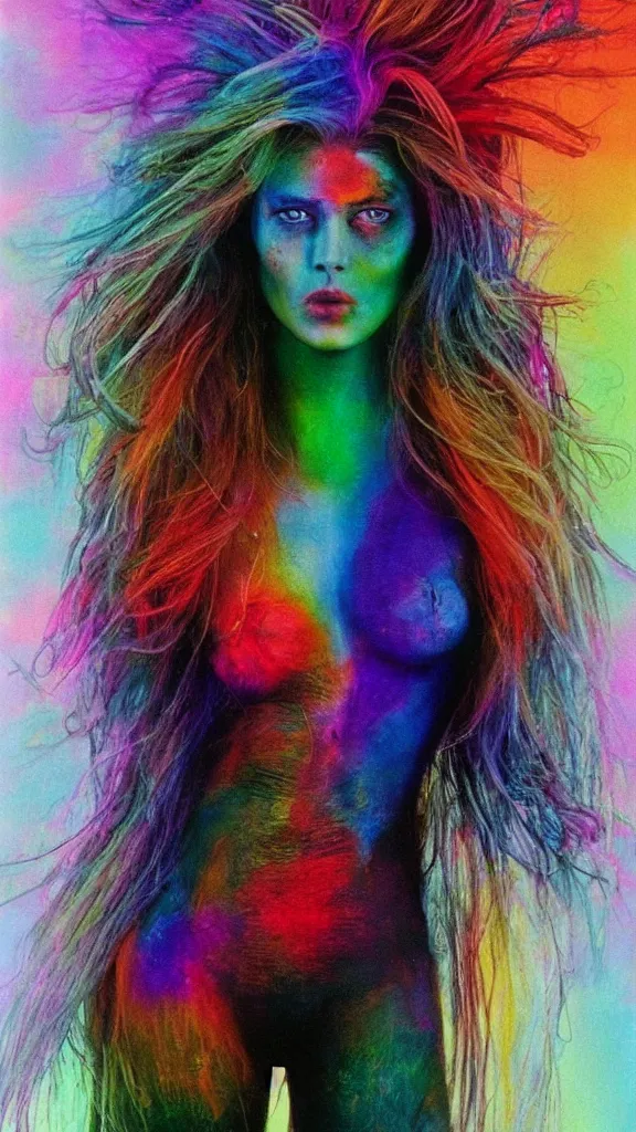 Prompt: the most beautiful supermodel girl burning with unseen colors, photo pic taken by gammell + giger + mcfarlane + del toro + divine god + after life+ realistic delights, rainbow colors drip