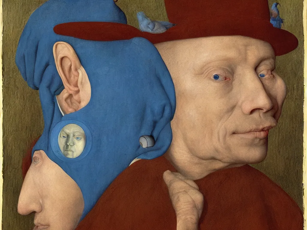 Prompt: Portrait of albino mystic with blue eyes, inside the close up macro ear cavity of an old man. Painting by Jan van Eyck, Audubon, Rene Magritte, Agnes Pelton, Max Ernst, Walton Ford