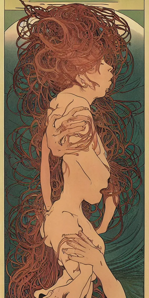 Image similar to a woman splits open and hundreds of centipedes crawl from her wounds, 8 k, ultra realistic, moebius alphonse mucha, junji ito,