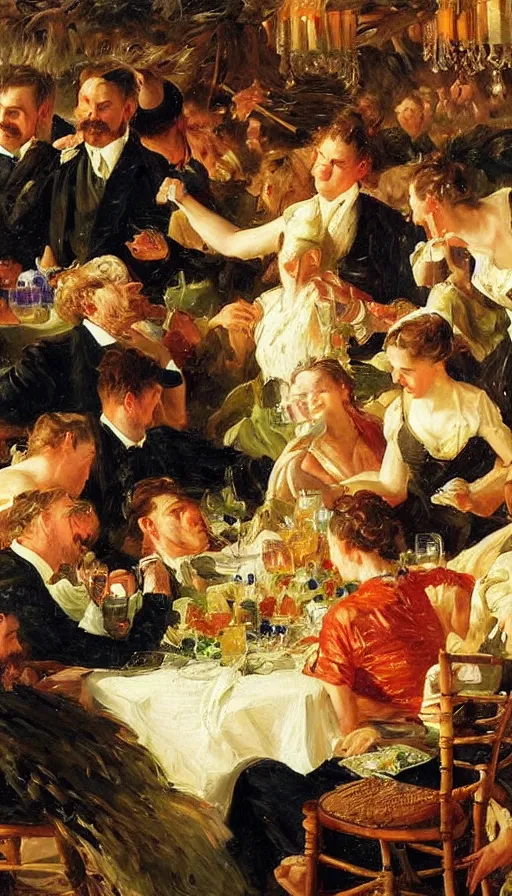 Image similar to still life painting of midsummer party getting hit by hurricane, by Peder Krøyer, golden hour, dramatic lighting, epic, gargantuan, intricate detail, canvas print