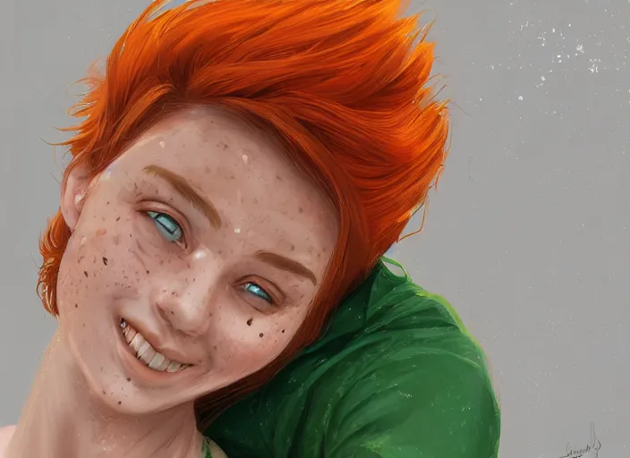 Prompt: portrait of a beautiful smiling girl with orange hair and freckles, green eyes, highly detailed, digital painting, concept art, smooth, sharp, focus, background is purple, artstation, style by Laia López